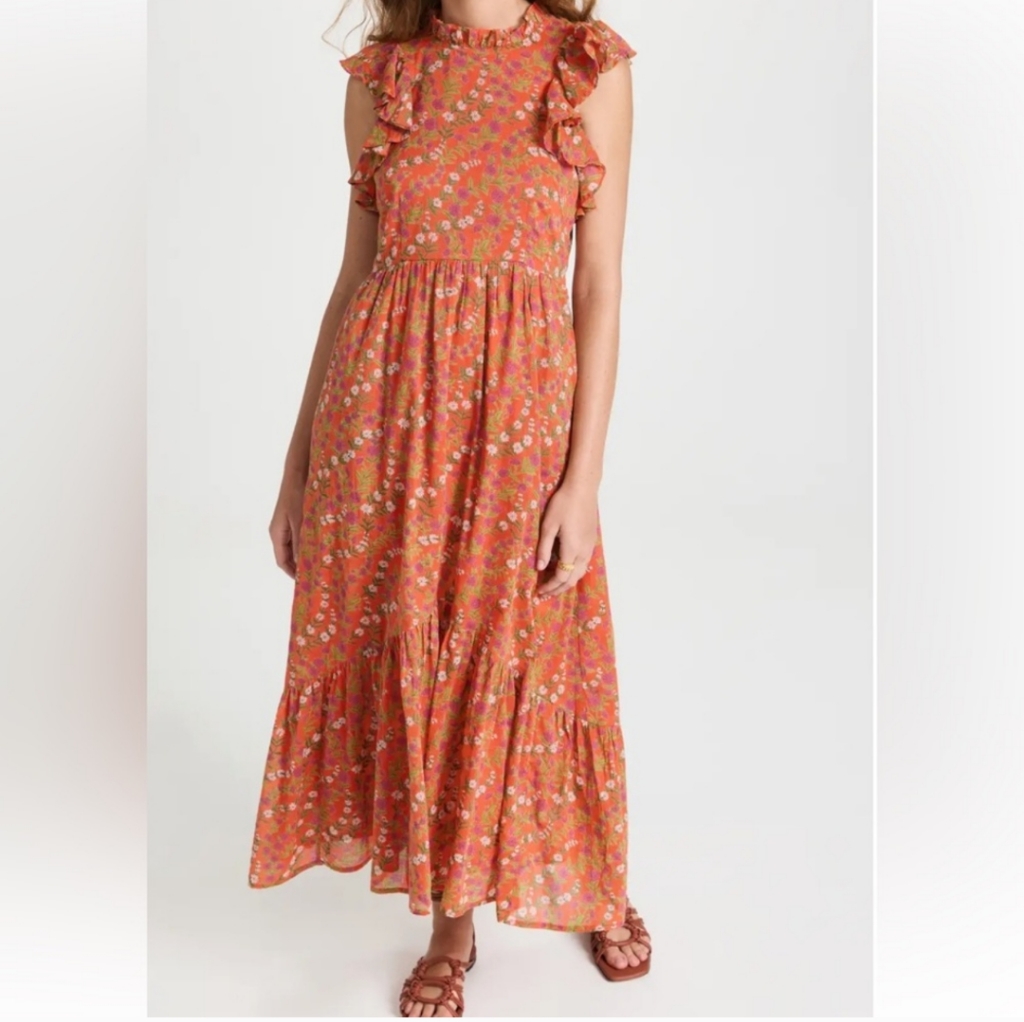 Banjanan Hannah Maxi Dress Flutter Sleeve Tiered Orange Indian Block Print M